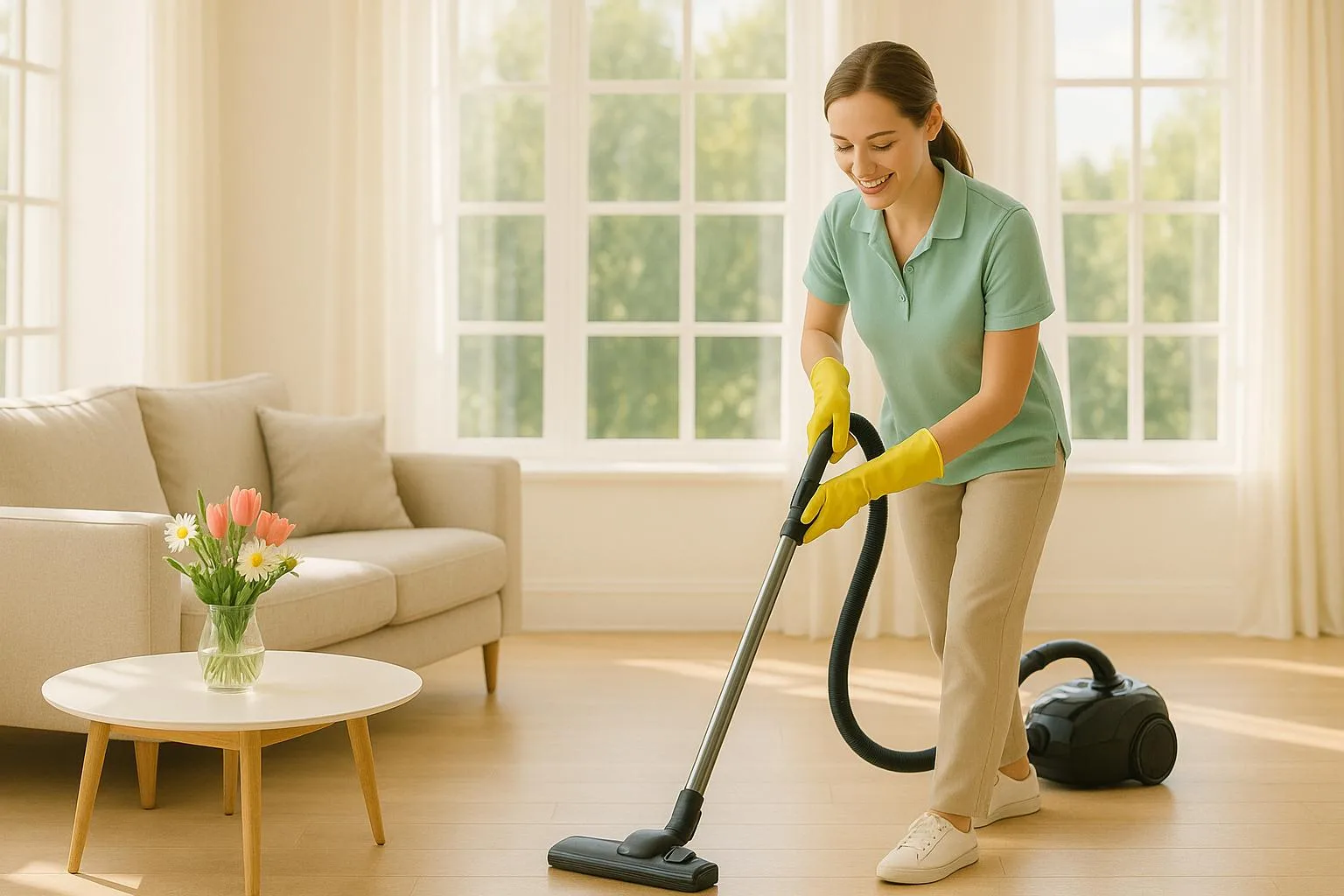 Aspiration d'un tapis dans un salon
